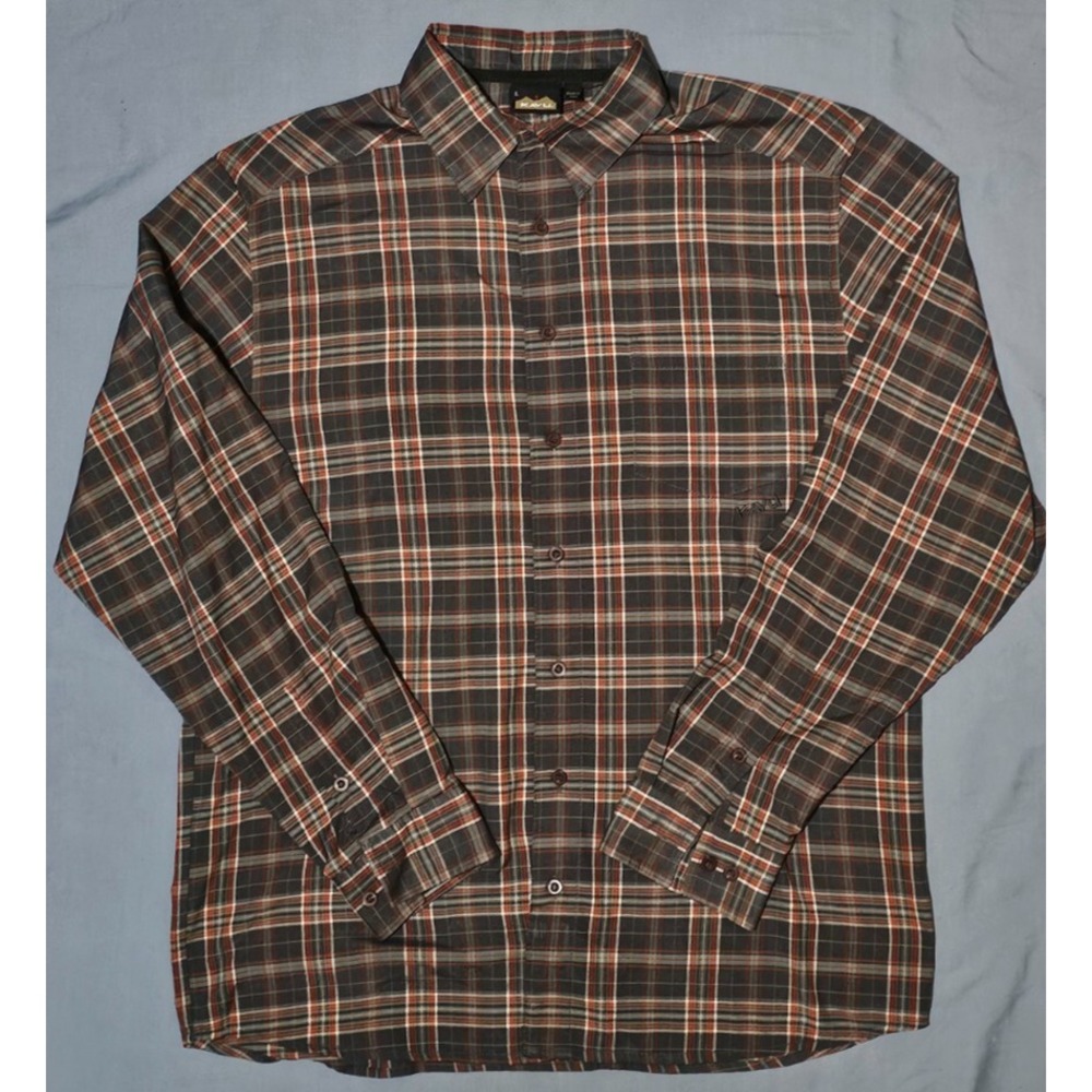Kavu Flannel‎ Shirt Men's L Brown Plaid Long Sleeve Button Up Pockets Hiking